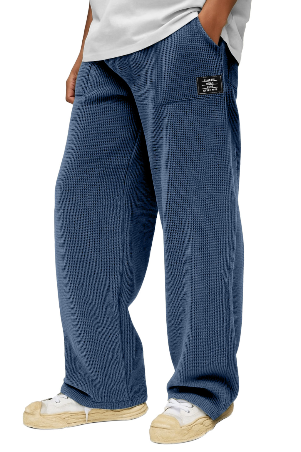 Herren Freizeit Einfarbige Waffel Taschen Lockere Hose-deurabatt