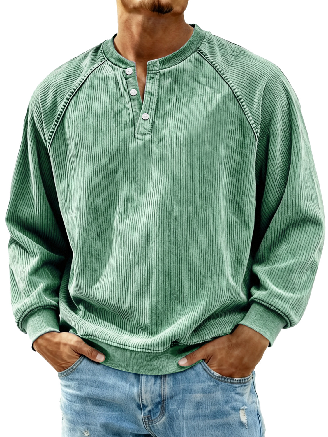 Herren Retro Corduroy Raglan Freizeit Langarm Henley Shirt-deurabatt
