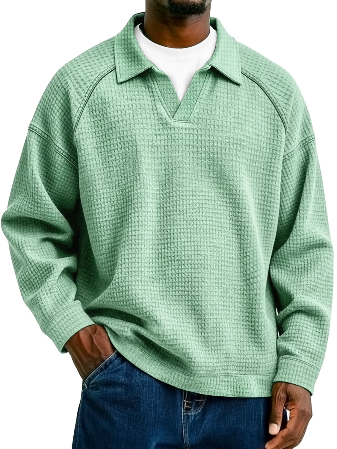Herren Waffelstrick-Kragen Faux Zwei-Teiler Raglan Patchwork Freizeit Polo-Shirt-deurabatt