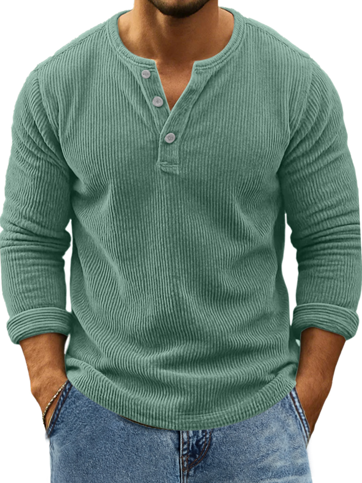 Herren Retro Alltag Einfarbig Vertikale Pit Streifen Langarm Henley Shirt-deurabatt