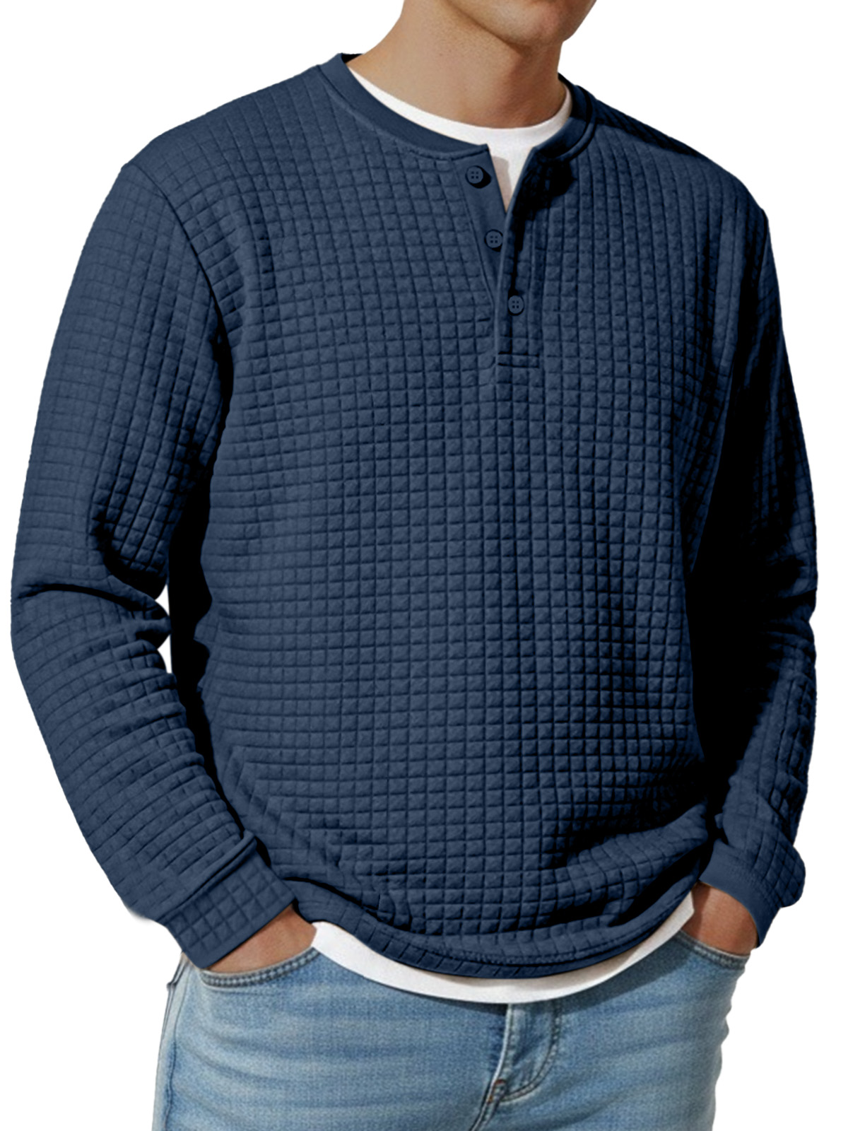 Herren Jacquard Waffel Knopf Henley Langarm Vintage Unterhemd T-Shirt-deurabatt