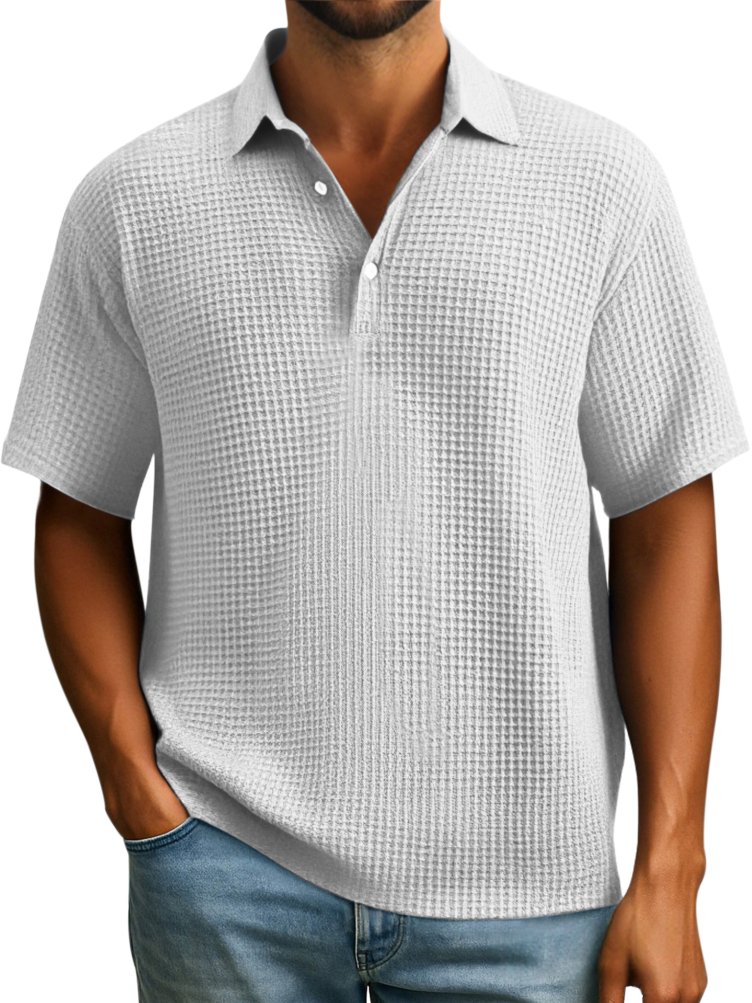 Herren Einfaches Alltags-Poloshirt mit Waffelknopf und Revers in einfarbigem Design mit kurzen Ärmeln-ZierMode