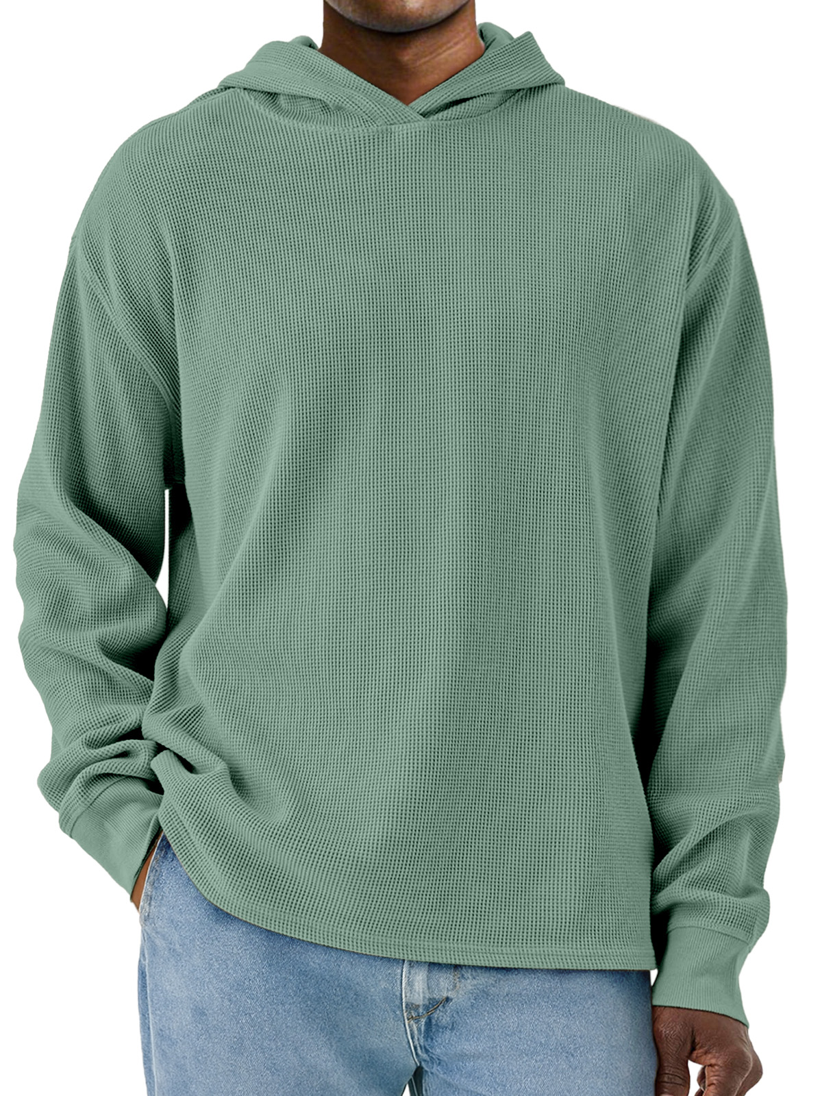 Herren Einfacher Unifarbener Waffel Langarm Kapuzenpullover-deurabatt