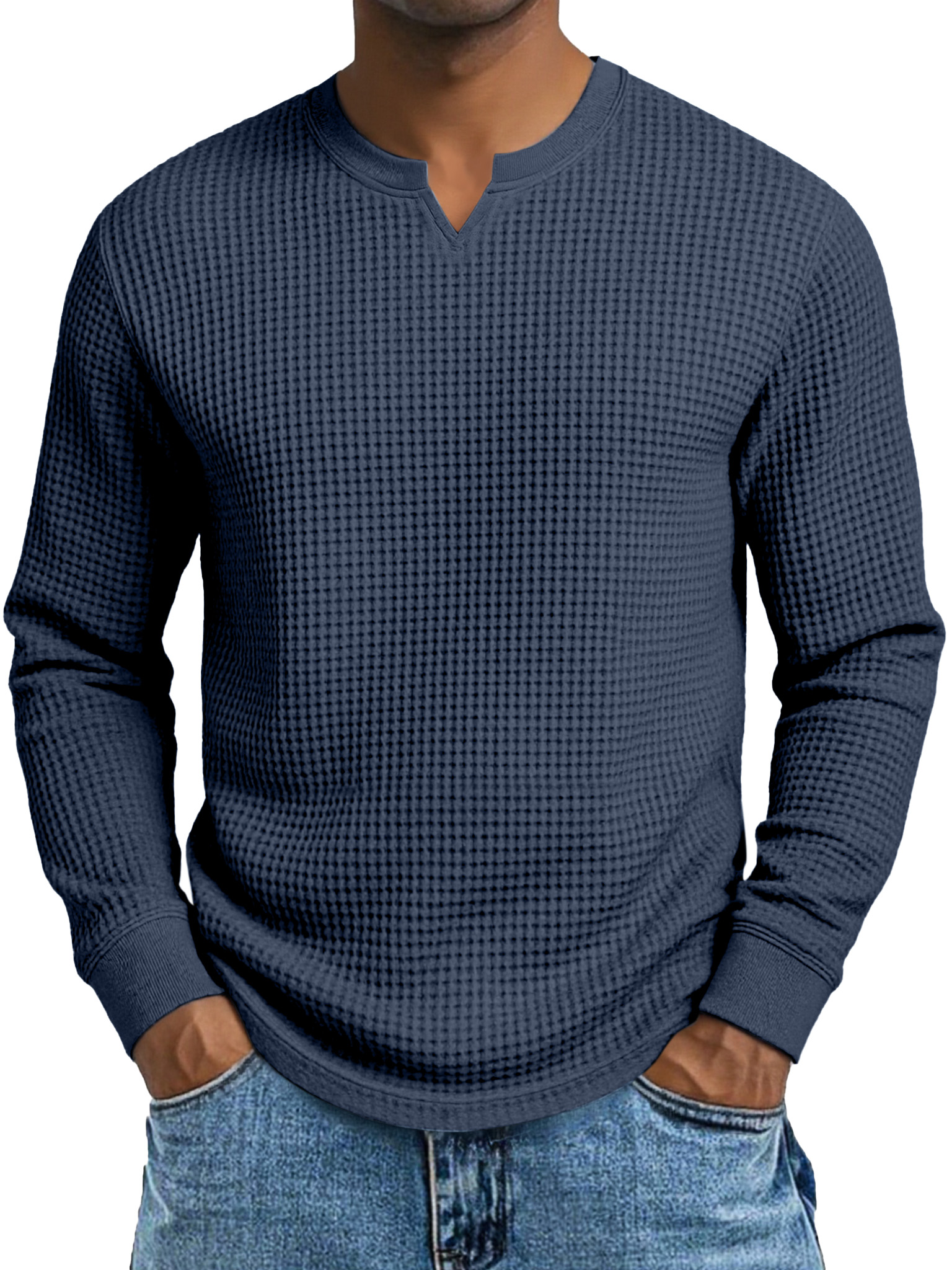 Herren Einfaches Lässiges Waffelkleid Kleiner V-Ausschnitt Langarm T-Shirt-deurabatt