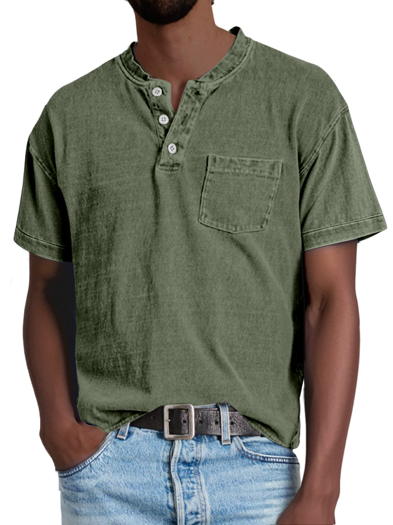 Herren Retro Freizeit Einfarbige Taschen Kurzarm Henley Shirt-deurabatt