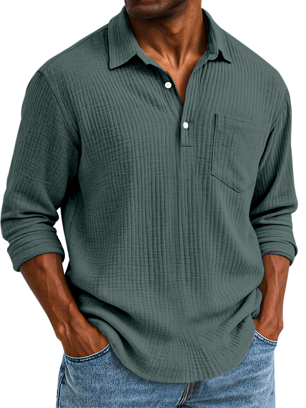 Herren Daily Casual Einfarbig Texturiertes Knopf Langarm Polohemd-deurabatt