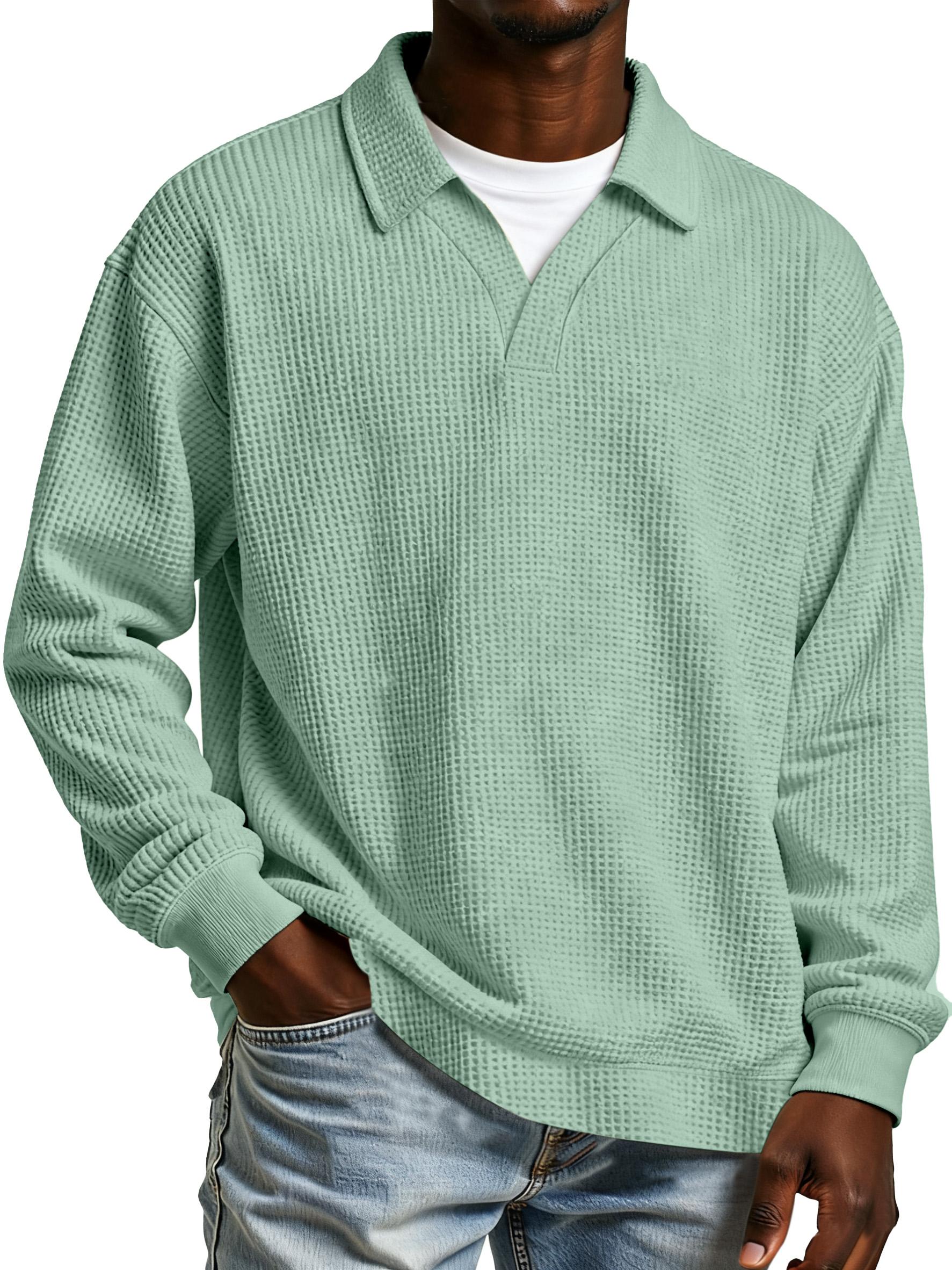 Herren Freizeit Poloshirt mit einfarbigem Waffelmuster, Fake-Zweiteiler, mit Revers und langen Ärmeln-ZierMode