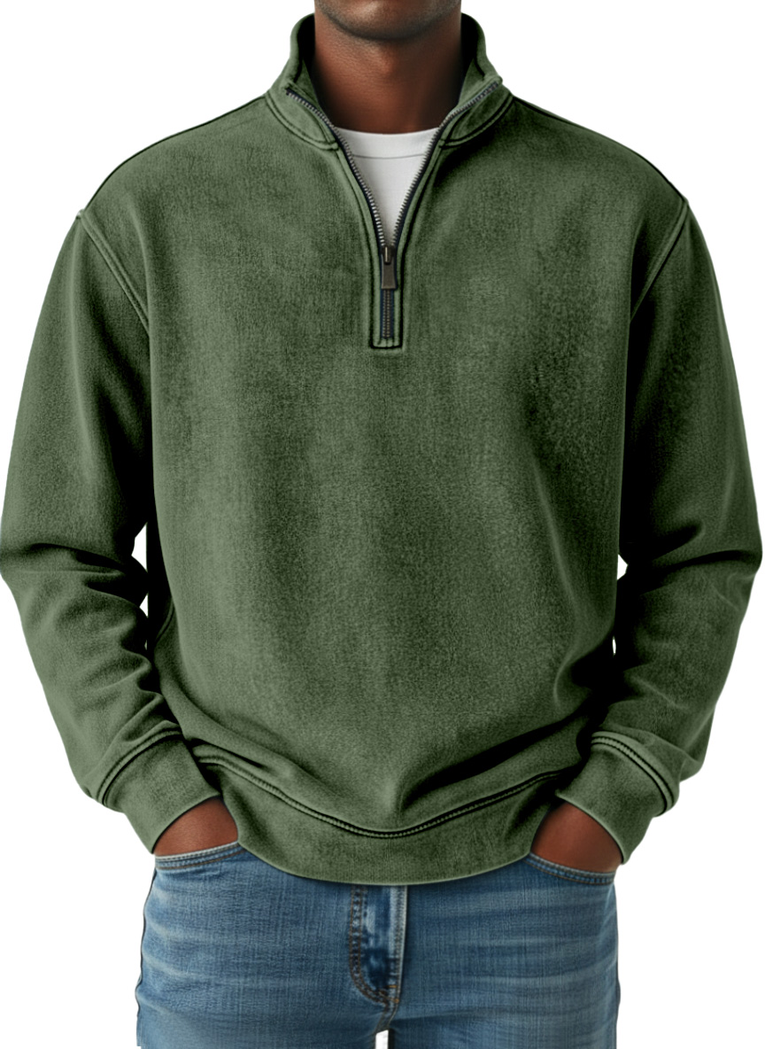 Herren Retro Einfarbiger Viertelreißverschluss Langarm Polo-Shirt-deurabatt