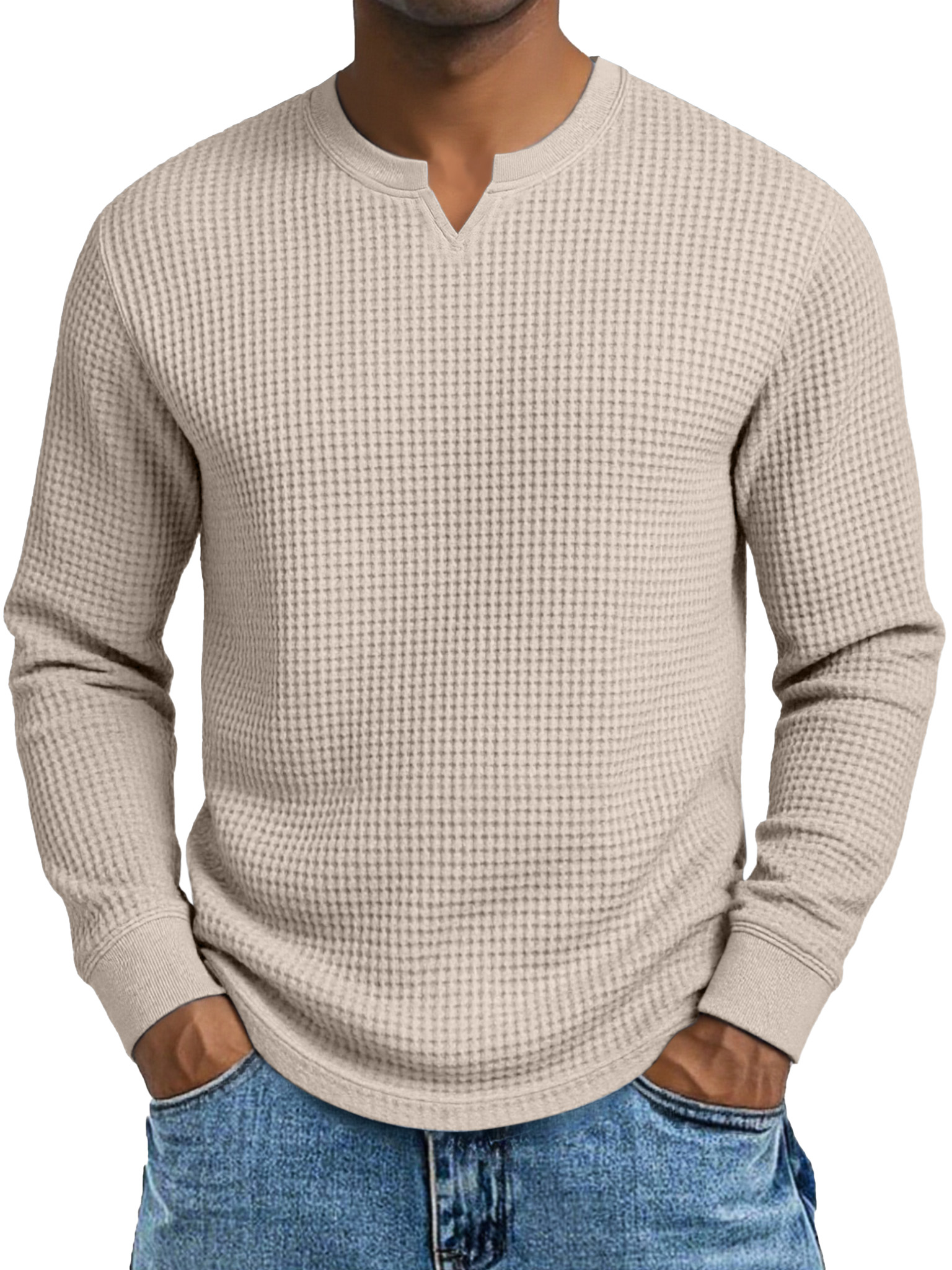 Herren Einfaches Lässiges Waffelkleid Kleiner V-Ausschnitt Langarm T-Shirt-deurabatt