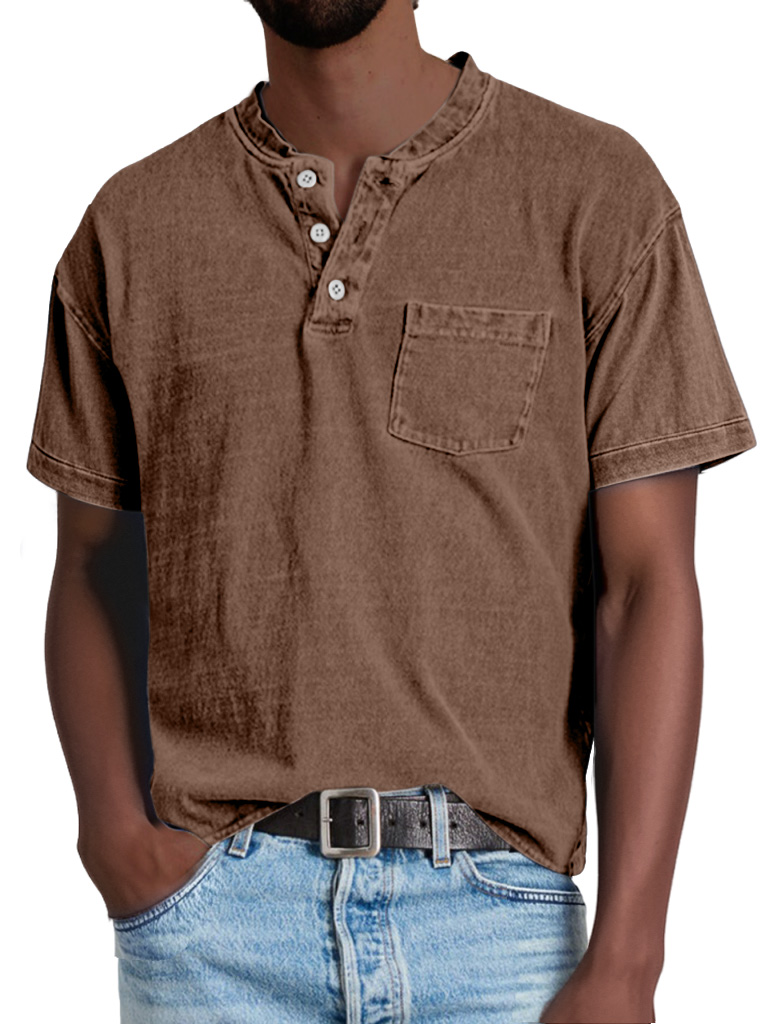 Herren Retro Freizeit Einfarbige Taschen Kurzarm Henley Shirt-deurabatt
