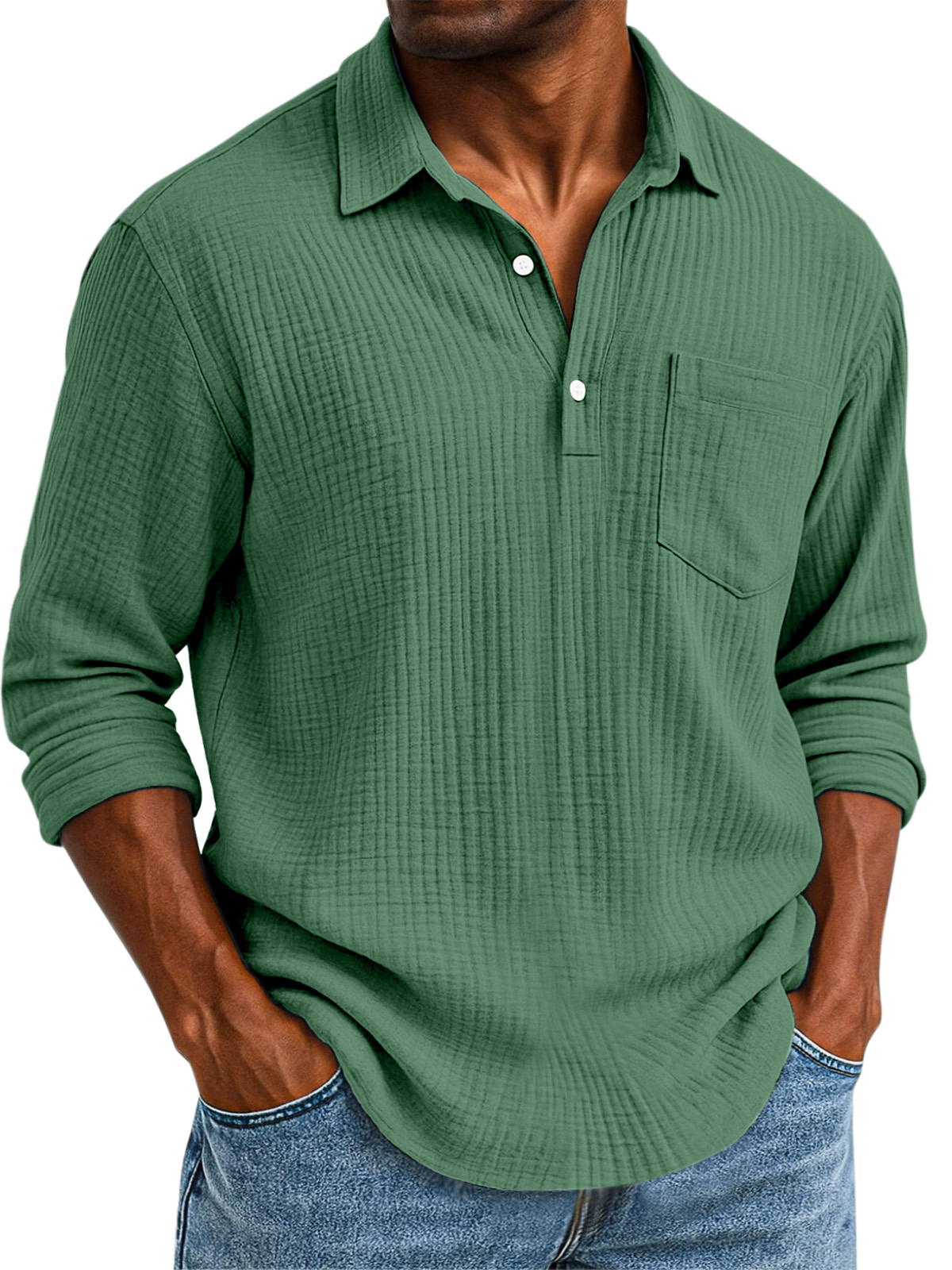 Herren Daily Casual Einfarbig Texturiertes Knopf Langarm Polohemd-deurabatt