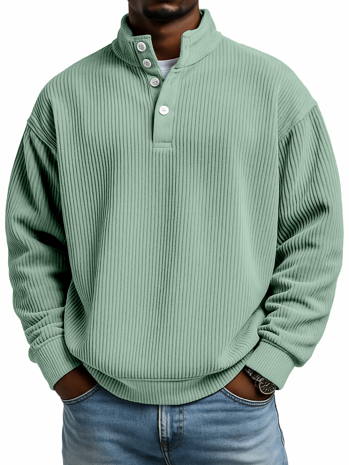 Einfacher lässiger einfarbiger vertikaler gerippter Textur mit vier Knöpfen Stehkragen Langarm-Sweatshirt-ZierMode