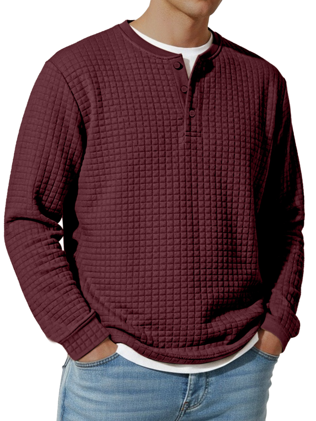 Herren Jacquard Waffel Knopf Henley Langarm Vintage Unterhemd T-Shirt-deurabatt