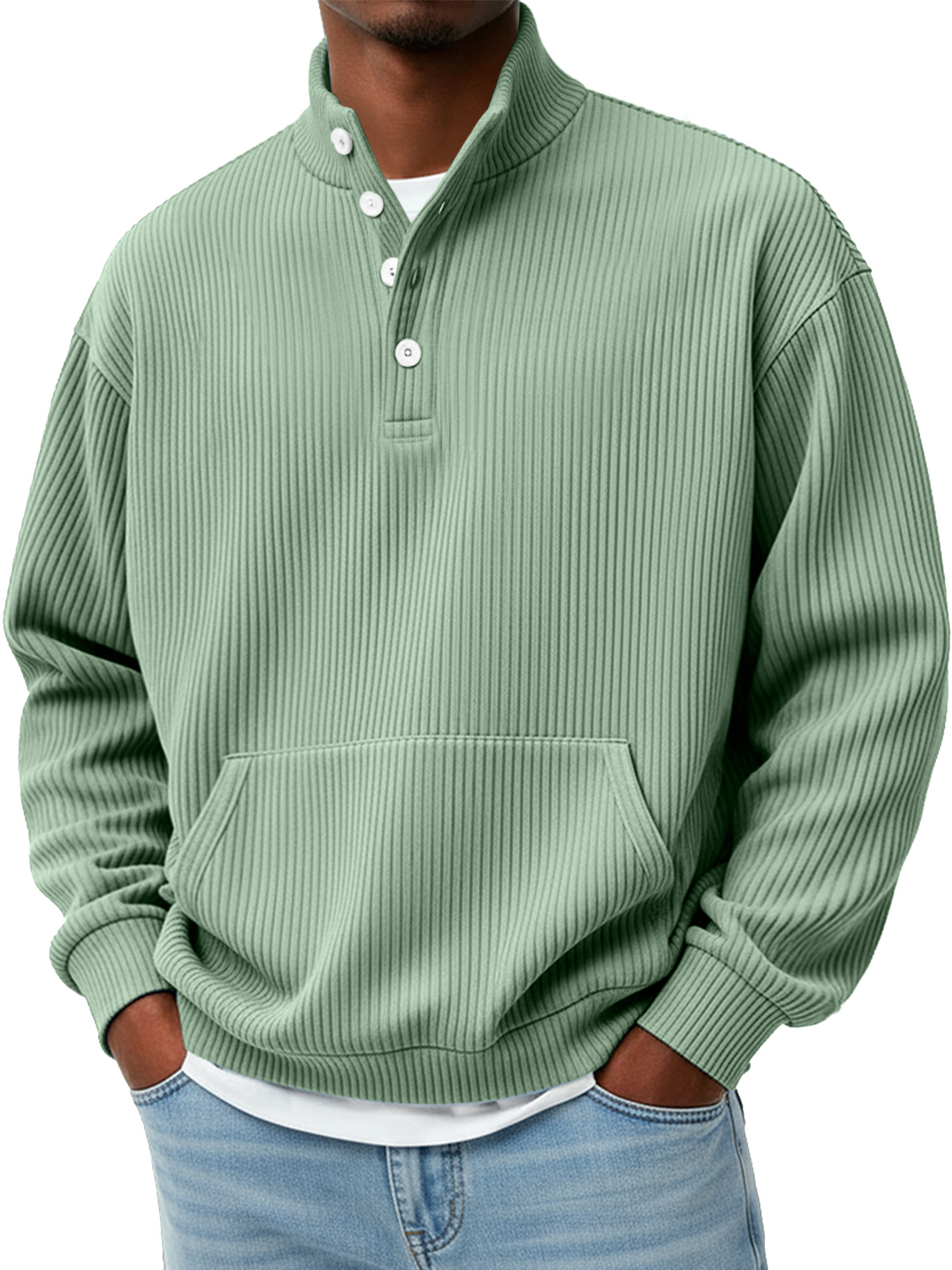 Herren Einfaches Rippkragen Knopf Freizeit Lockeres Sweatshirt-deurabatt