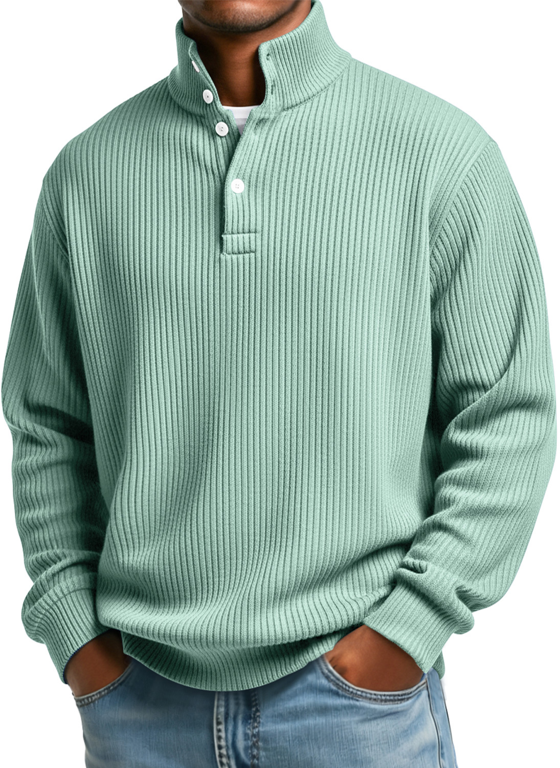 Herren Sweatshirt mit vertikalen Streifen, Stehkragen, Knopf, lässig und locker-deurabatt