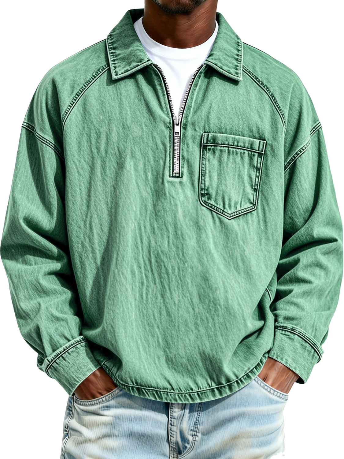 Herren Retro Raglan-Kragen Reißverschluss Freizeit Tasche Langarm Polo-Shirt-deurabatt