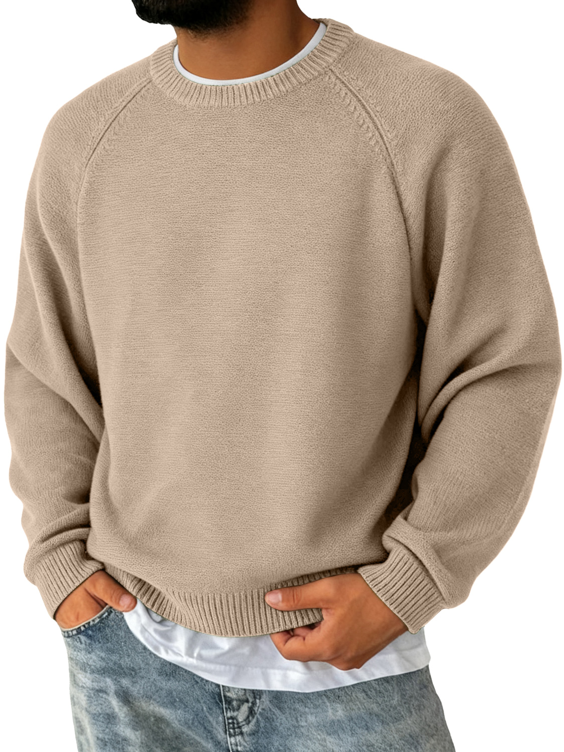 Herren Einfacher Rundhalsausschnitt Raglanärmel Freizeit Bequemer Pullover-deurabatt