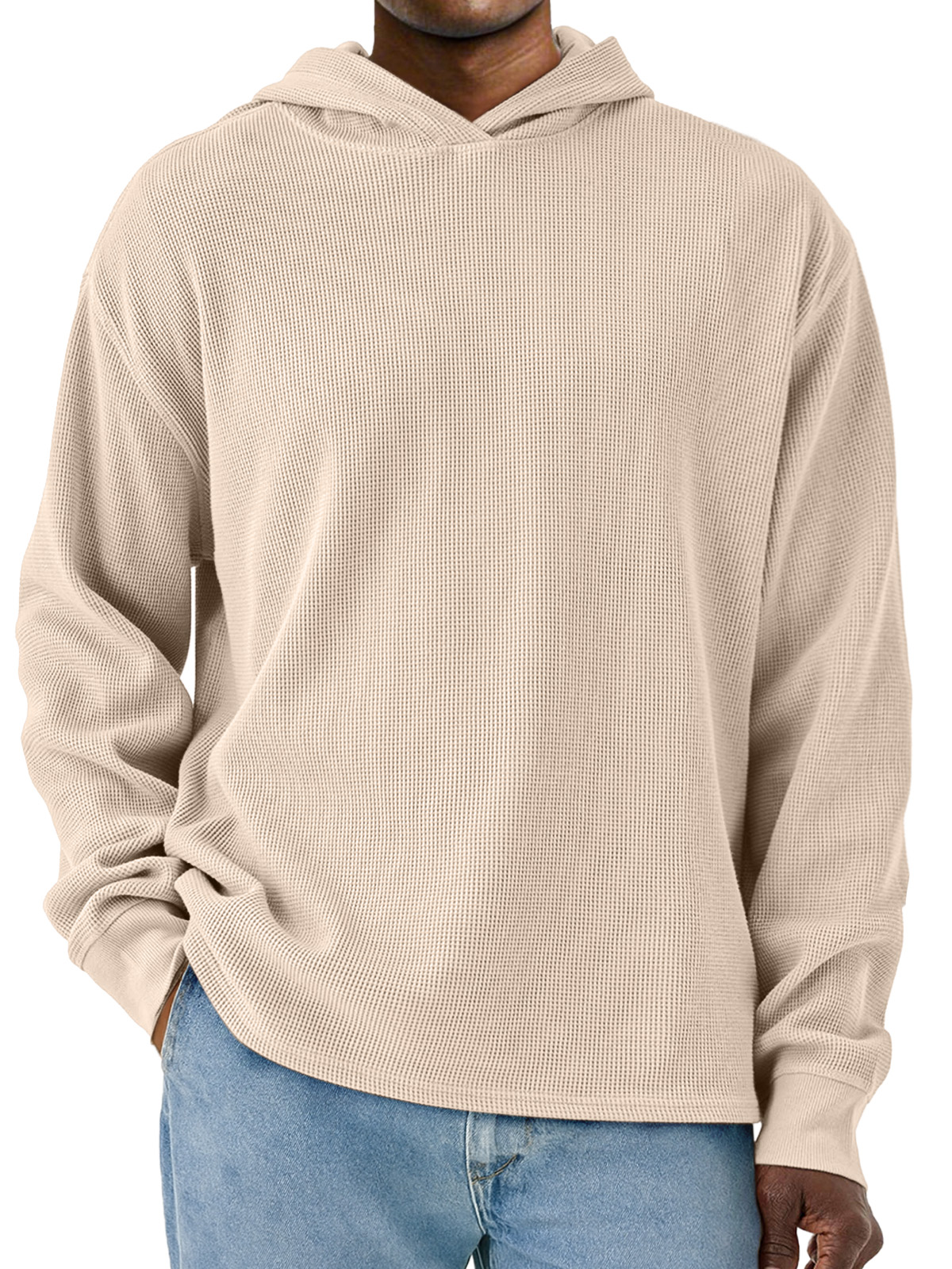 Herren Einfacher Unifarbener Waffel Langarm Kapuzenpullover-deurabatt