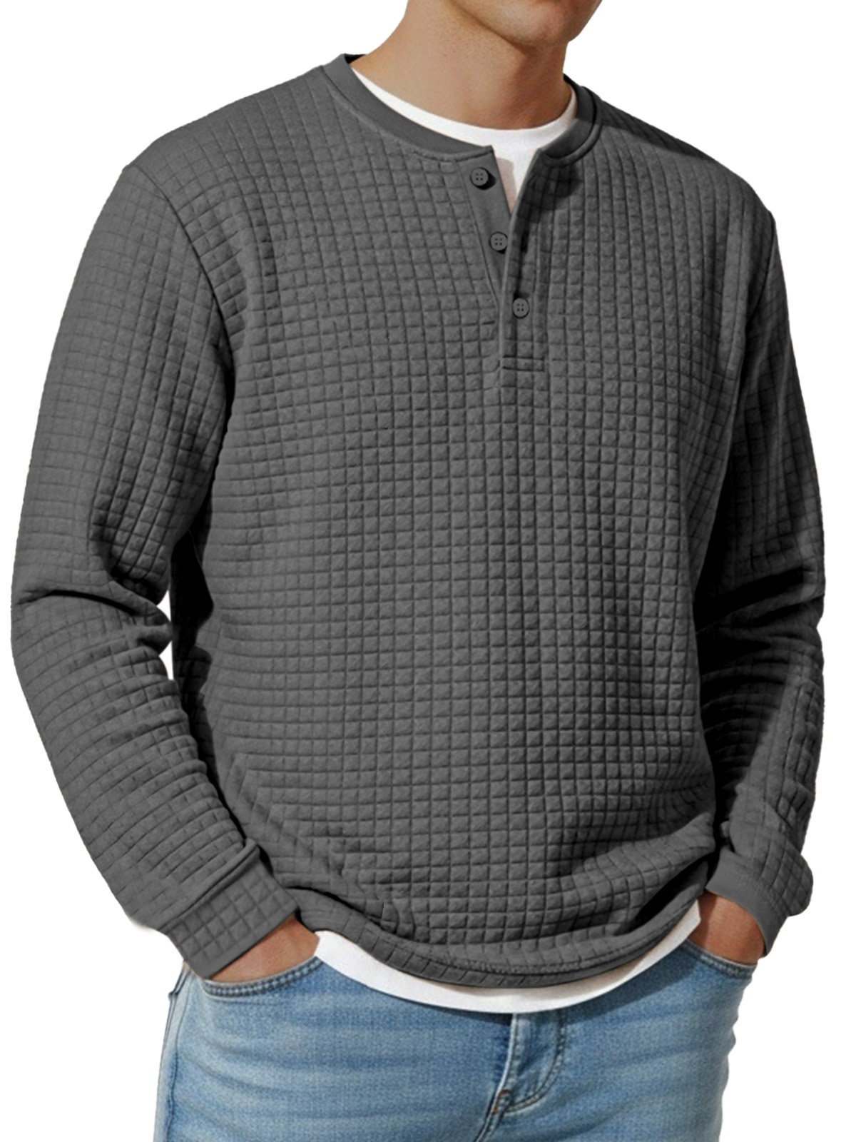 Herren Jacquard Waffel Knopf Henley Langarm Vintage Unterhemd T-Shirt-deurabatt