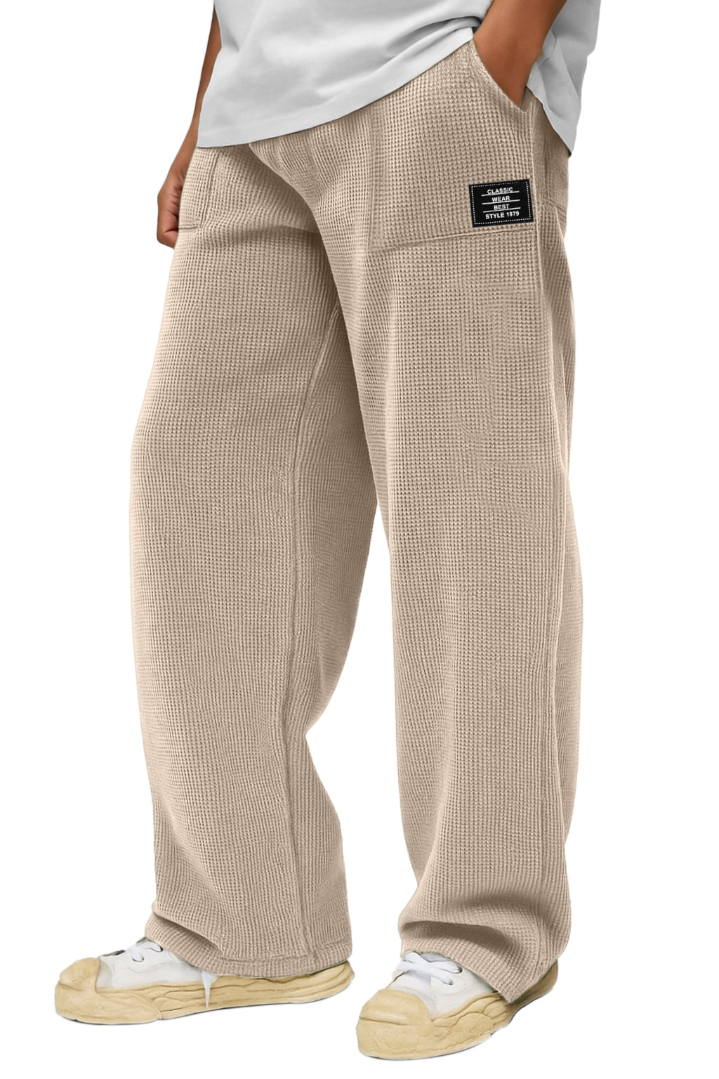 Herren Freizeit Einfarbige Waffel Taschen Lockere Hose-deurabatt