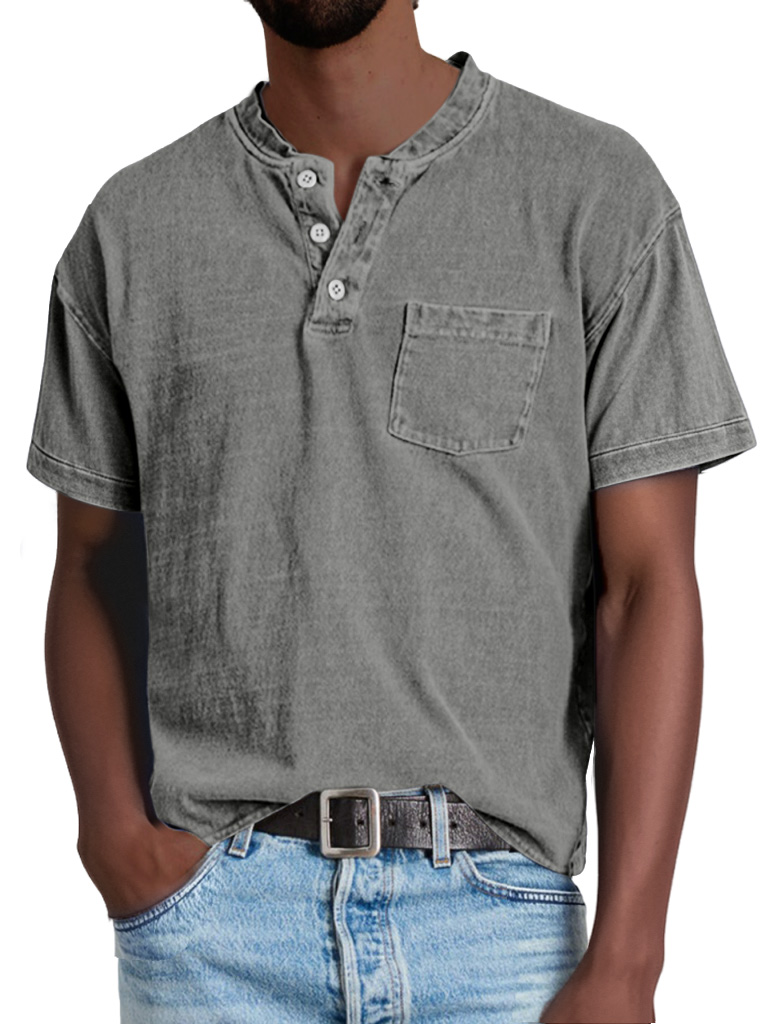 Herren Retro Freizeit Einfarbige Taschen Kurzarm Henley Shirt-deurabatt