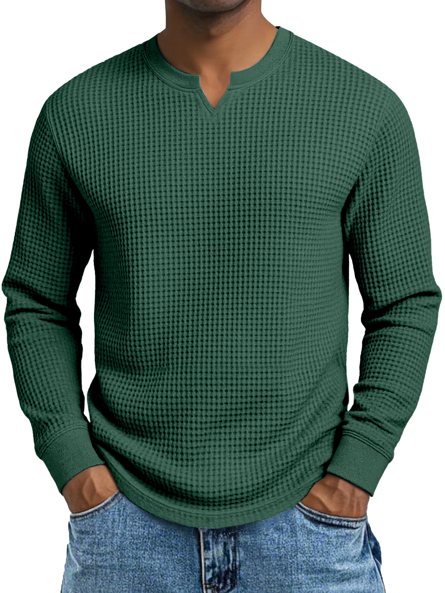 Herren Einfaches Lässiges Waffelkleid Kleiner V-Ausschnitt Langarm T-Shirt-deurabatt
