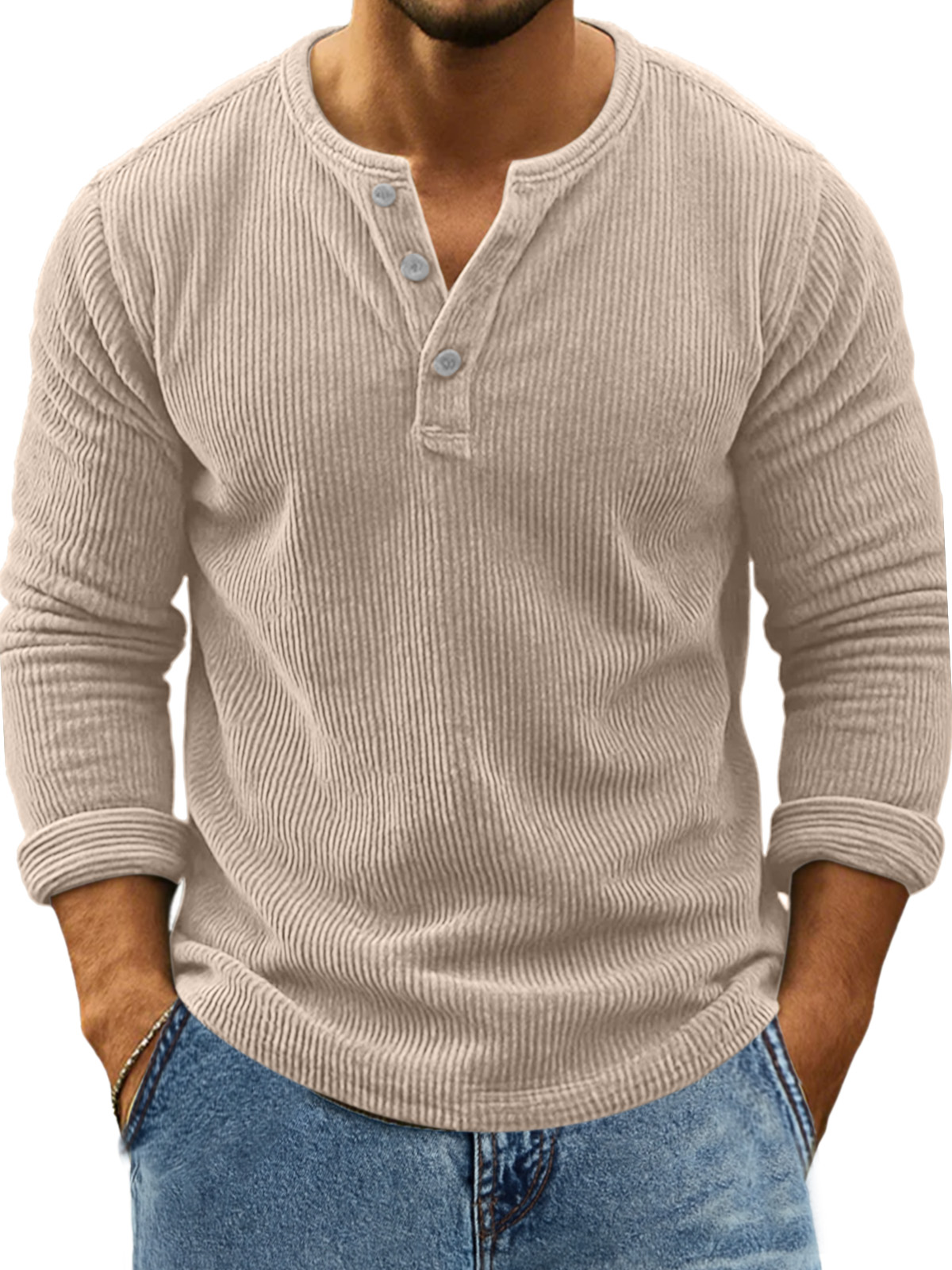 Herren Retro Alltag Einfarbig Vertikale Pit Streifen Langarm Henley Shirt-deurabatt