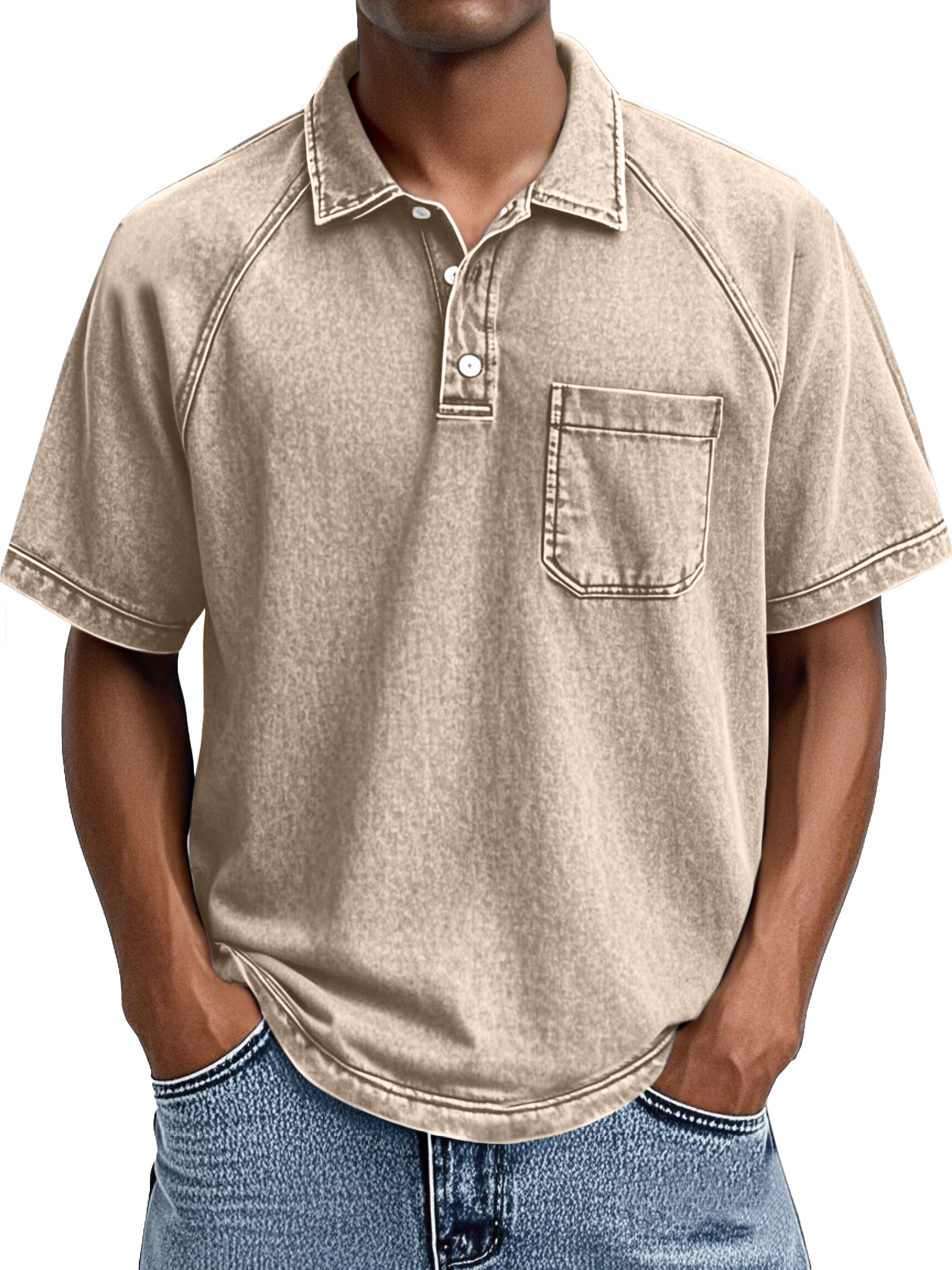 Herren Retro Freizeit Kragen Raglan Kurzarm Polohemd-deurabatt