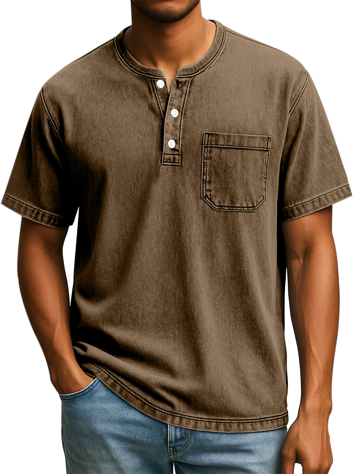 Herren Retro Freizeit Einfach Einfarbig Knopf Kurzarm Henley Shirt-deurabatt