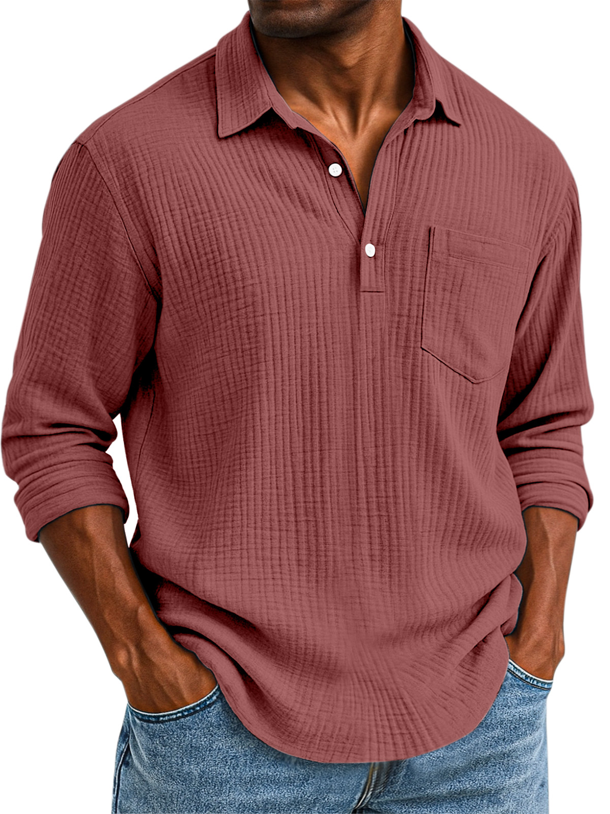 Herren Daily Casual Einfarbig Texturiertes Knopf Langarm Polohemd-deurabatt