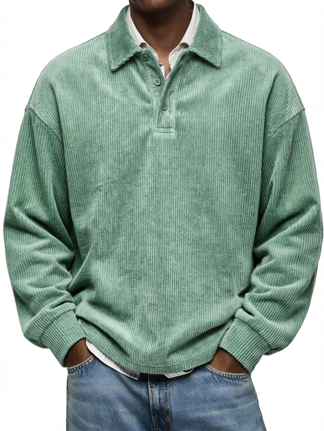 Herren Vintage Corduroy Revers Knopf-Down Freizeit Langarm Polohemd-deurabatt