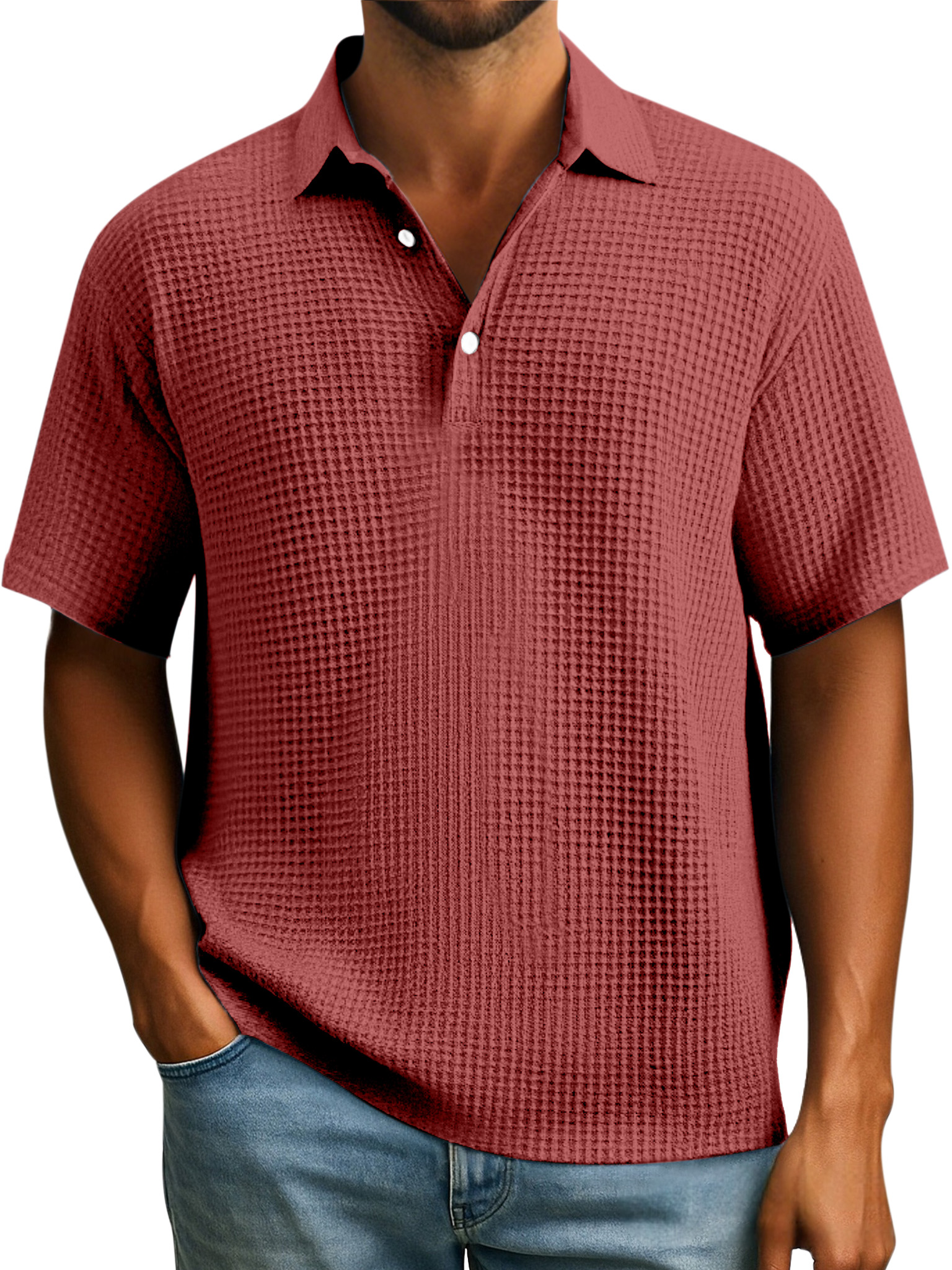 Herren Einfaches Alltags-Poloshirt mit Waffelknopf und Revers in einfarbigem Design mit kurzen Ärmeln-ZierMode