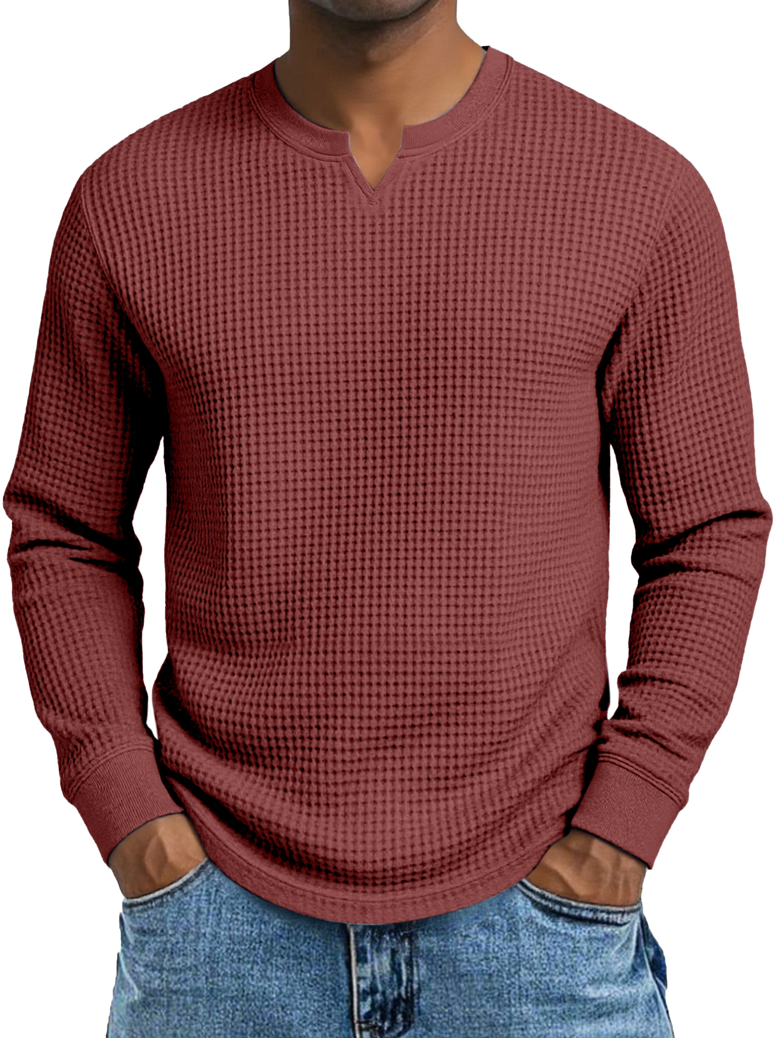 Herren Einfaches Lässiges Waffelkleid Kleiner V-Ausschnitt Langarm T-Shirt-deurabatt
