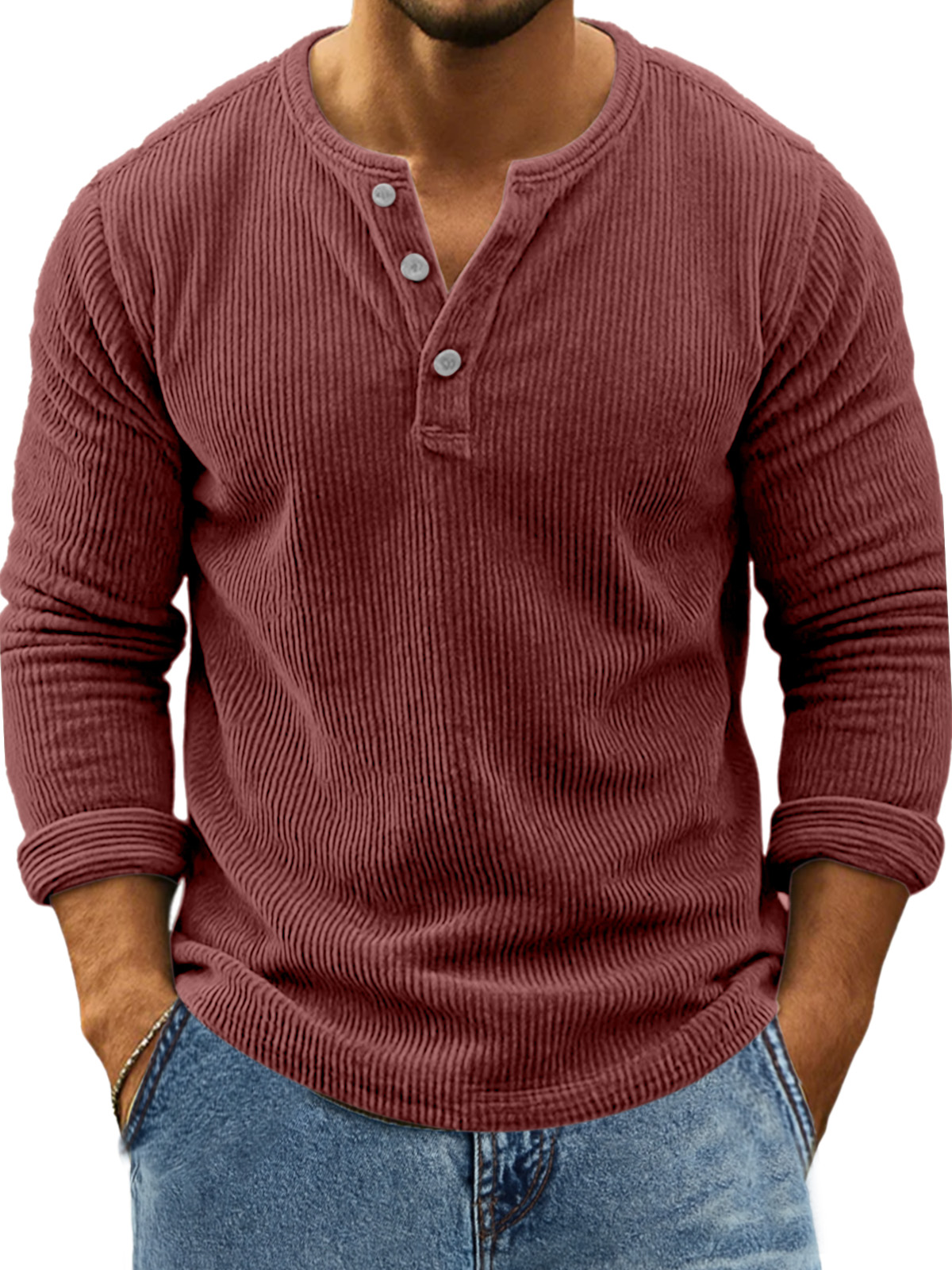 Herren Retro Alltag Einfarbig Vertikale Pit Streifen Langarm Henley Shirt-deurabatt