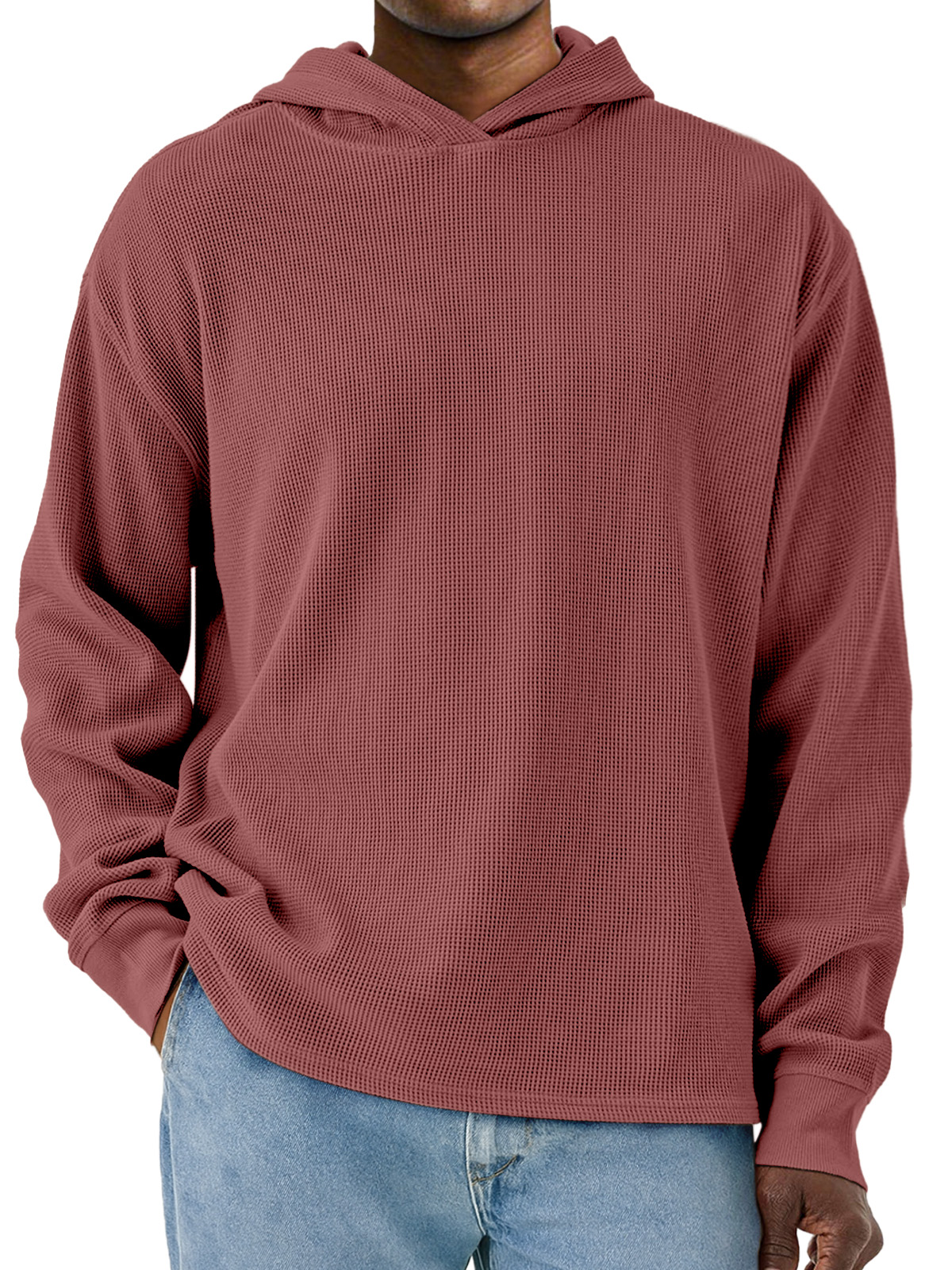Herren Einfacher Unifarbener Waffel Langarm Kapuzenpullover-deurabatt