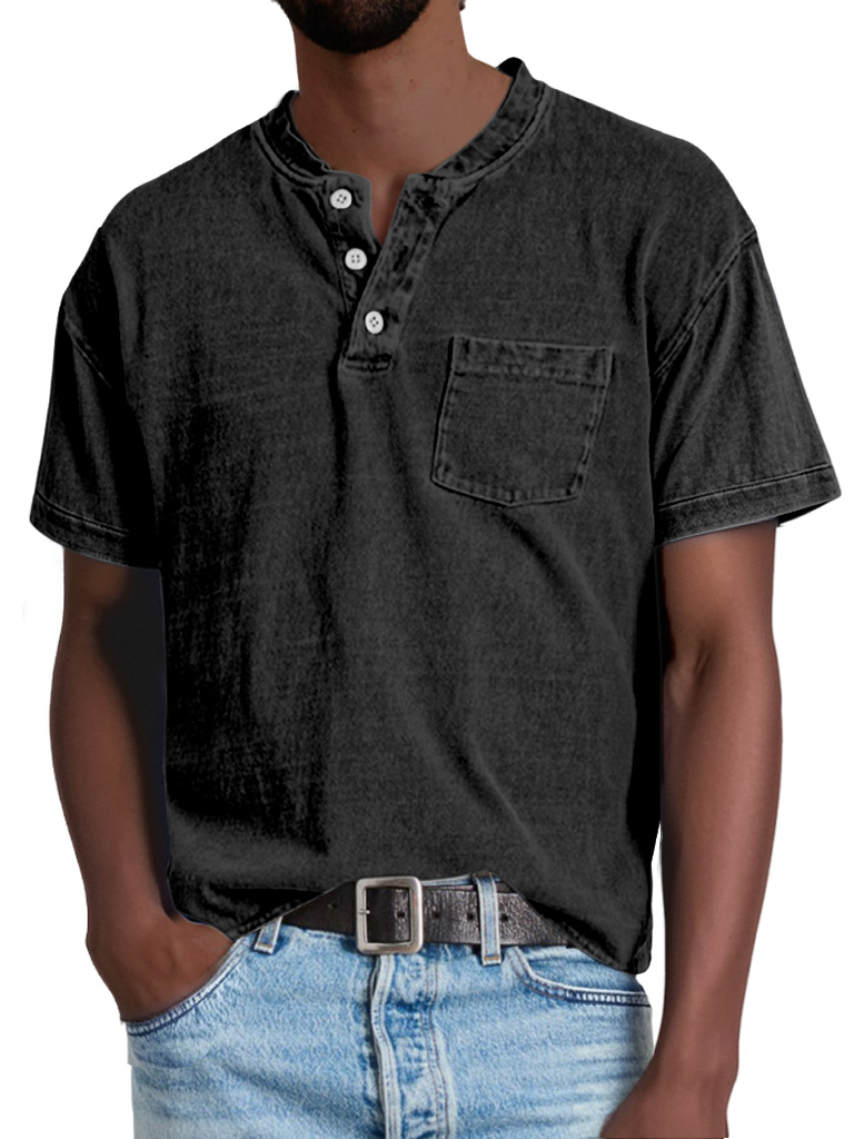 Herren Retro Freizeit Einfarbige Taschen Kurzarm Henley Shirt-deurabatt
