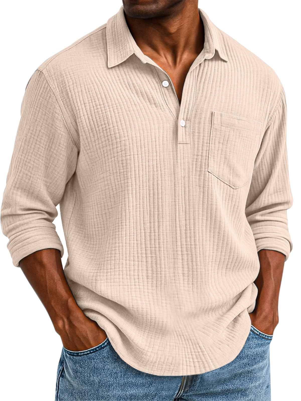 Herren Daily Casual Einfarbig Texturiertes Knopf Langarm Polohemd-deurabatt
