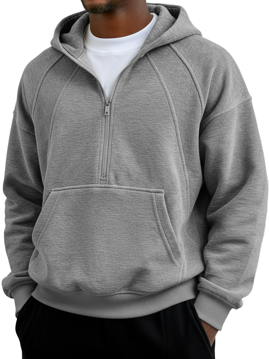 Herren Einfaches Raglanärmel Patchwork Reißverschluss Kapuzen Freizeit Tasche Sweatshirt-deurabatt