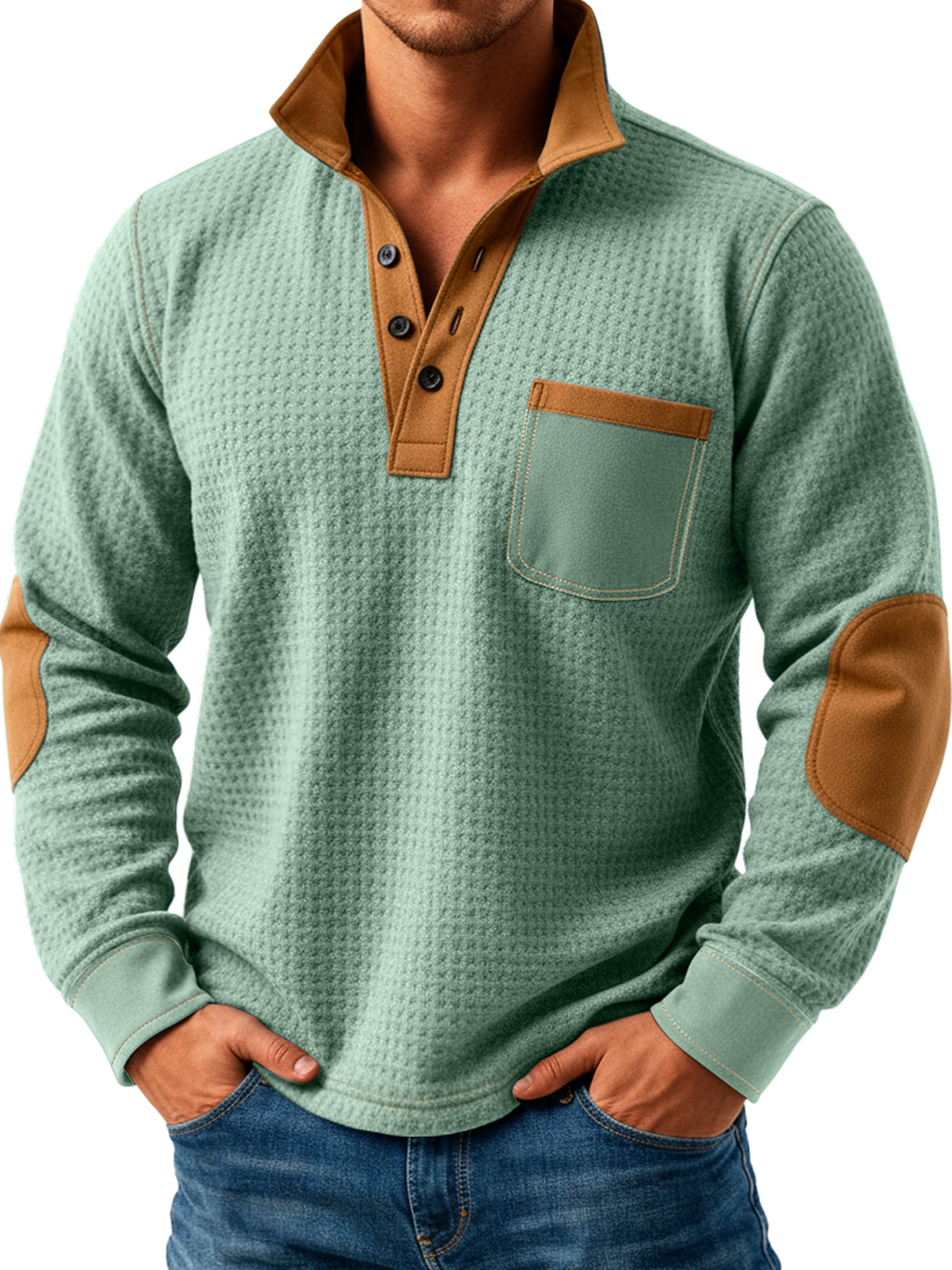 Herren Retro Textur Splicing Stehkragen Knopf Freizeit Langarm POLO Hemd-deurabatt