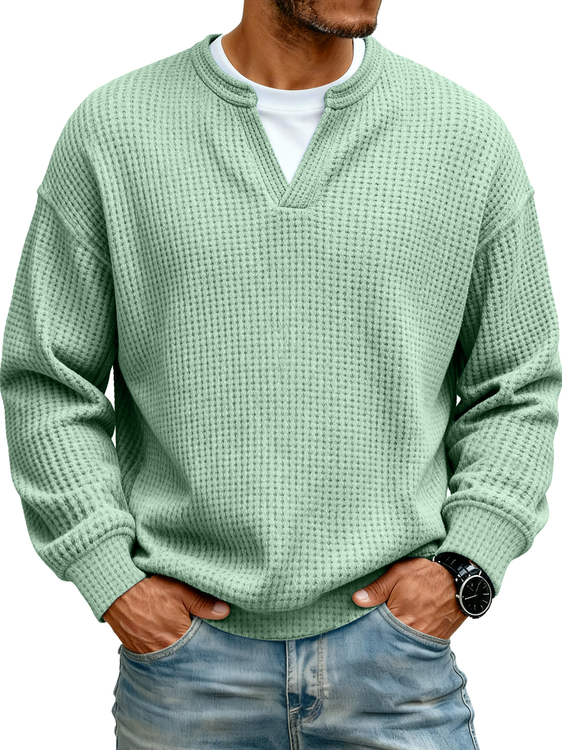 Herren Einfaches Waffel V-Ausschnitt Fake Zweiteiliges Lässiges Langarm-T-Shirt-deurabatt