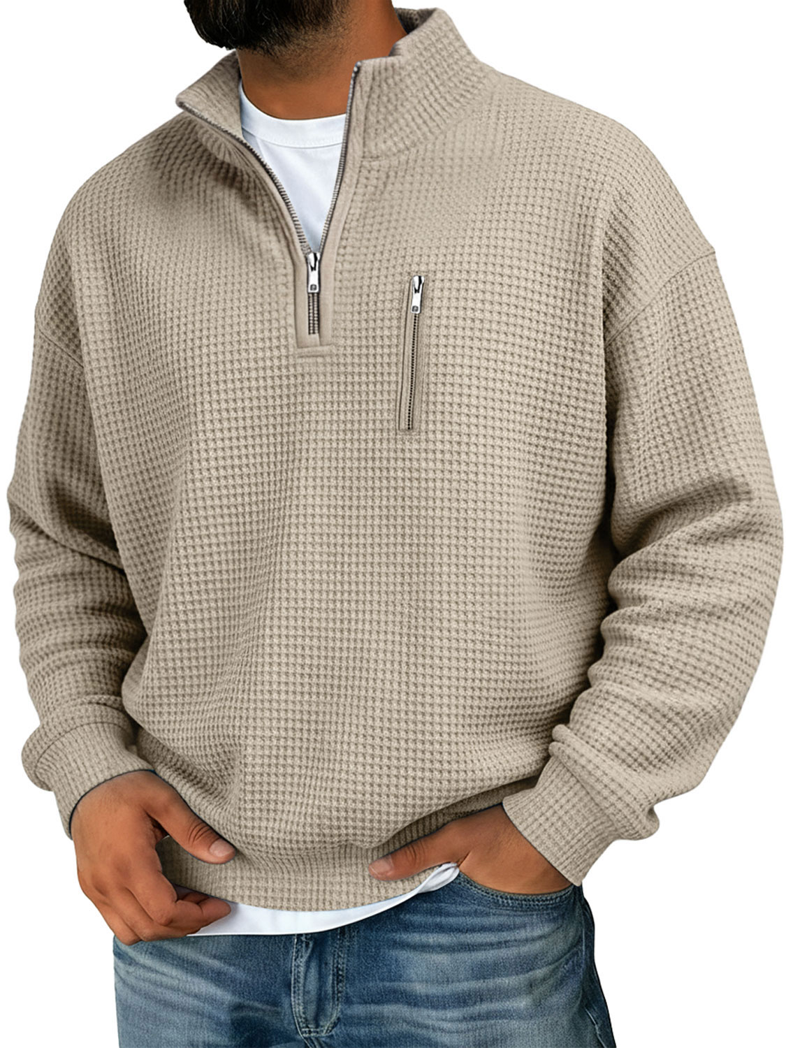 Herren Waffel Stehkragen Reißverschluss Freizeit Einfarbiger Sweatshirt-deurabatt