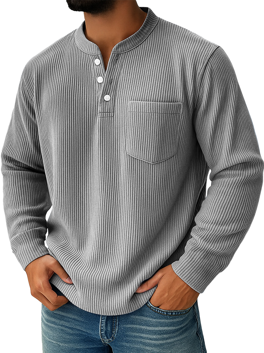 Herren Einfaches Alltags-Ripp-Stehkragen-Taschen-Lässiges Langarm-Henley-Shirt-deurabatt