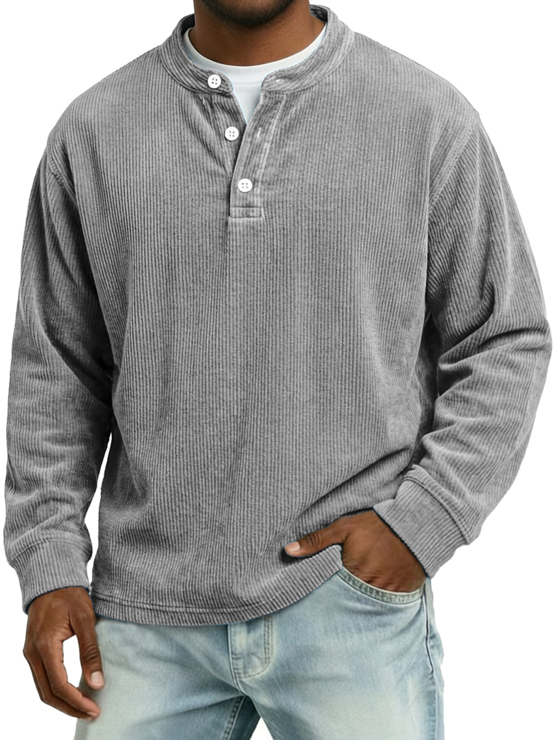 Herren Vintage Corduroy Freizeit Langarm-Henley-Shirt-deurabatt