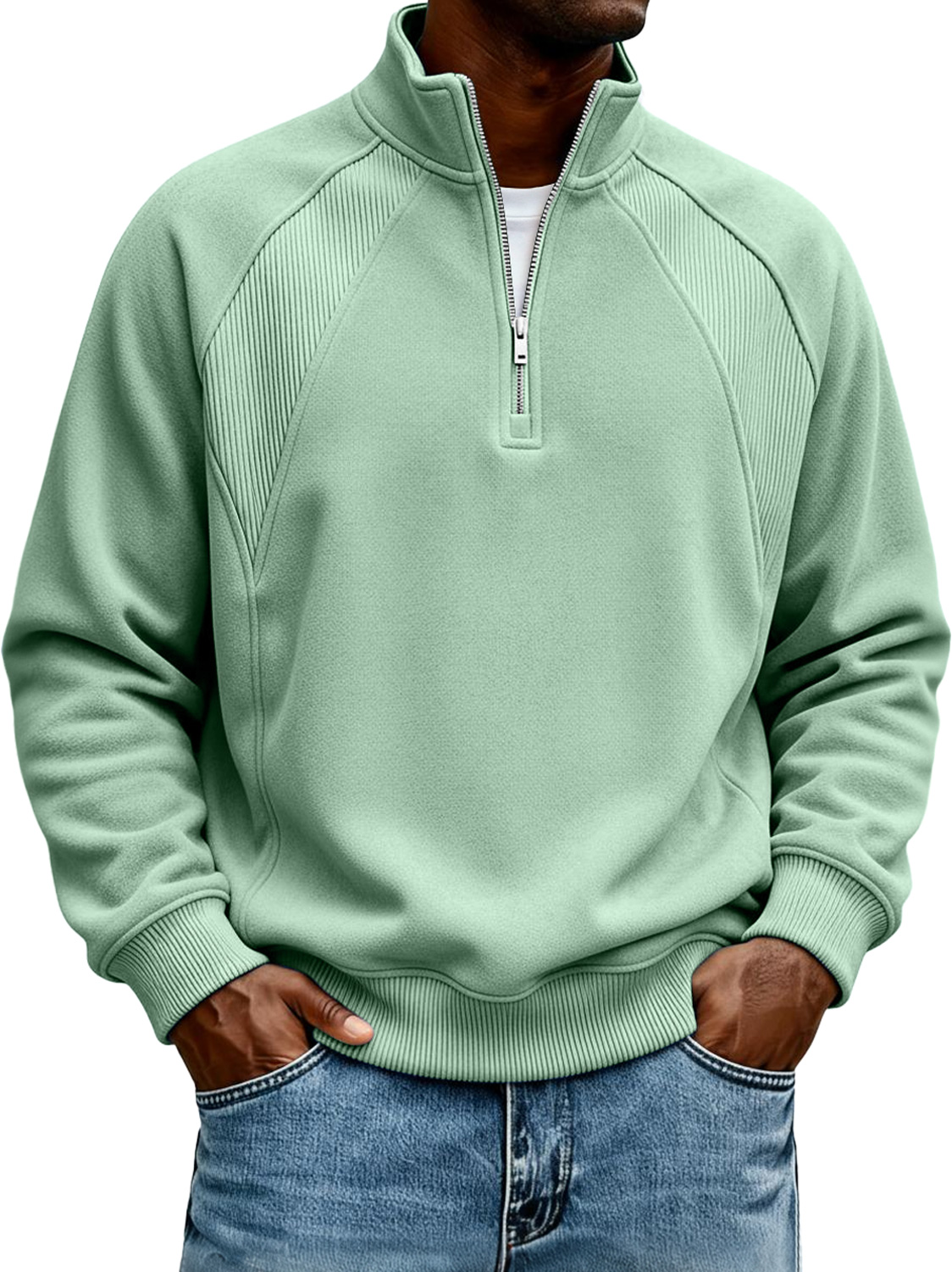 Herren-Sweatshirt mit Stehkragen und Reißverschluss, Raglanärmel-deurabatt
