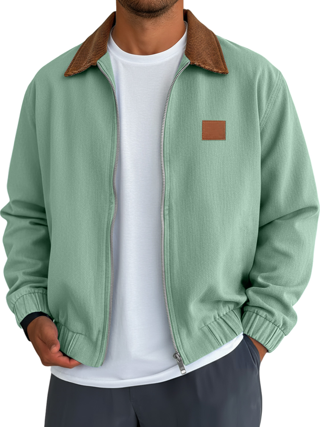 Herren Einfaches Einfarbiges Patchwork-Kragen Besticktes Lederlabel Freizeitjacke-deurabatt