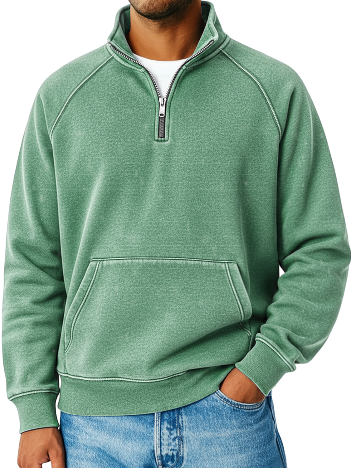 Herren Retro Raglanärmel Stehkragen Reißverschluss Lockere Freizeit Sweatshirt-deurabatt
