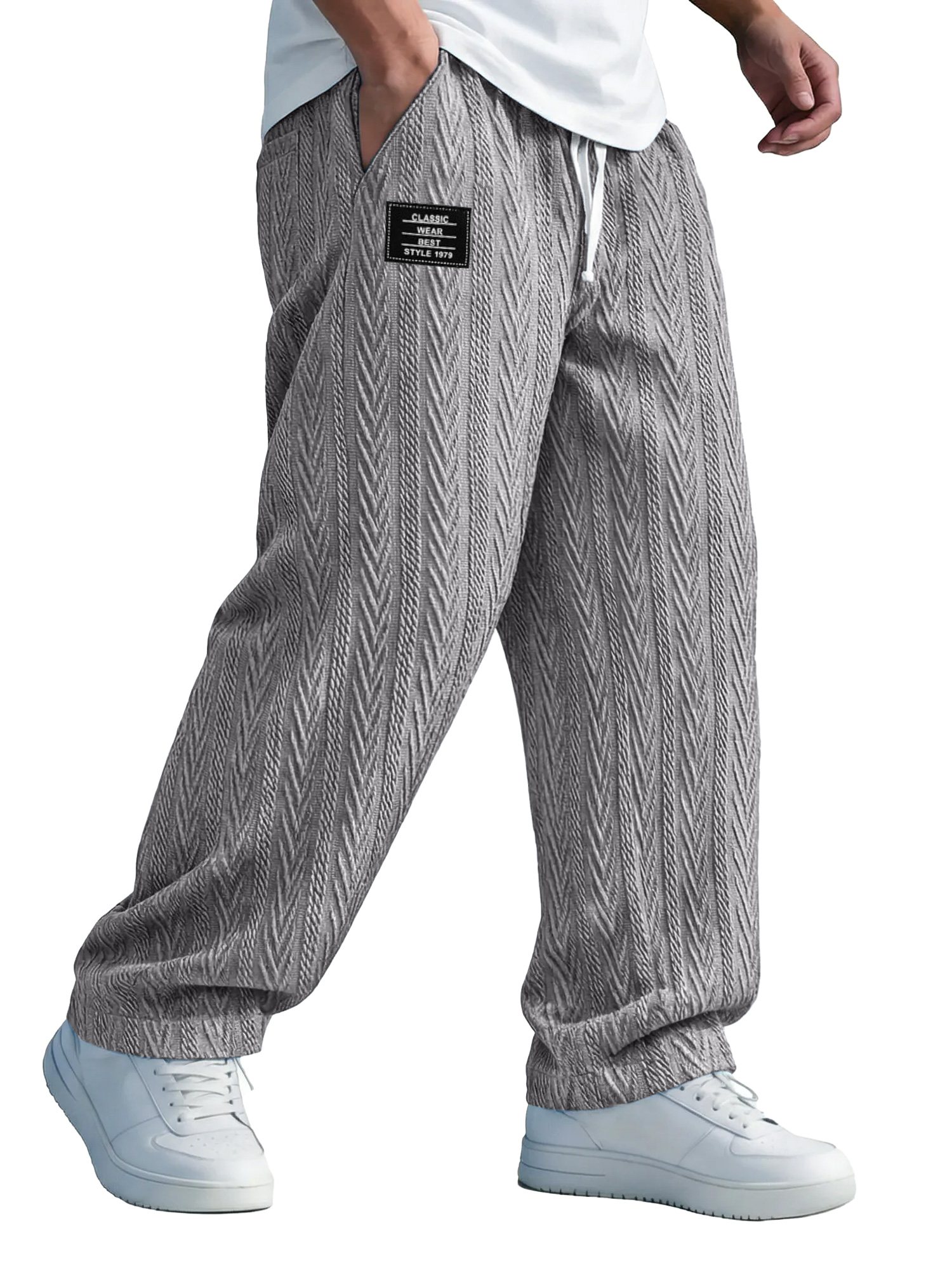 Herren einfarbige Jacquard-Textur Freizeit-Hosen mit elastischem Bund und gesticktem Logo.-deurabatt