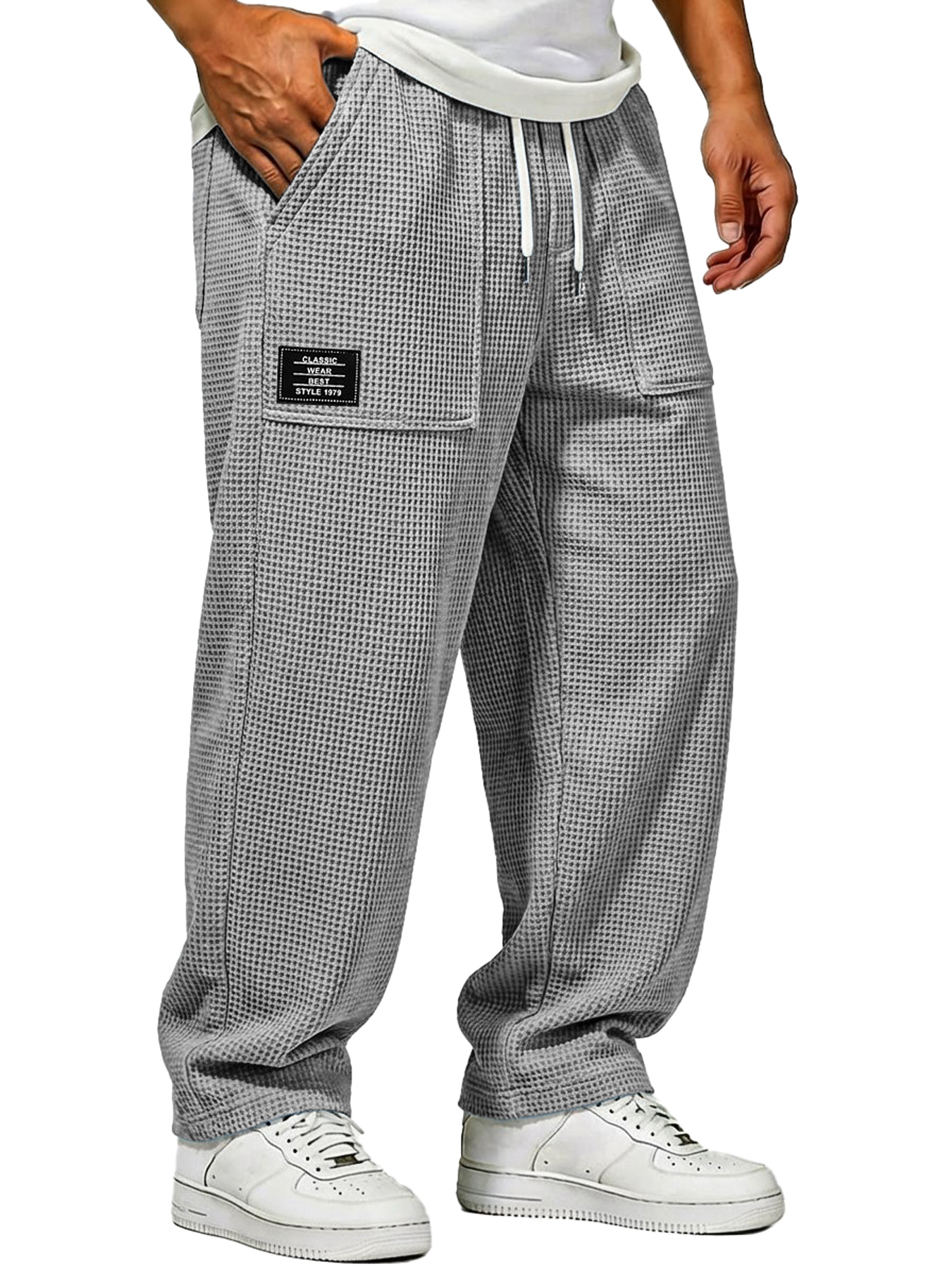 Herren Waffelstrick Freizeitlockere Hose mit aufgesetzten Taschen und gesticktem Logo-deurabatt