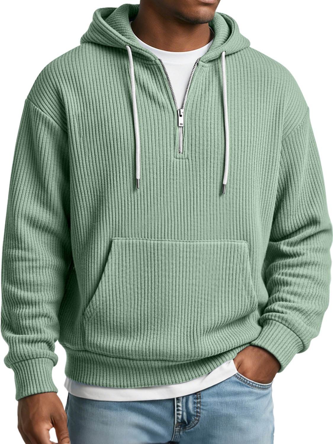 Herren Einfaches Geripptes Texturiertes Kapuzen-Sweatshirt mit Reißverschluss in Lässiger Lockere Passform-ZierMode