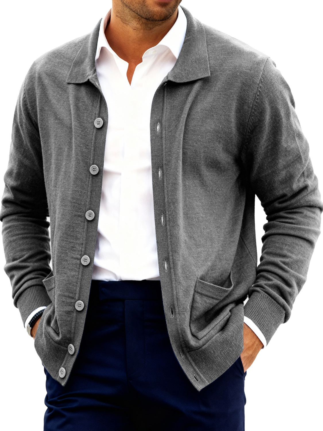Herrenmode Revers Knopf Doppelter Taschen Pullover Jacke-deurabatt